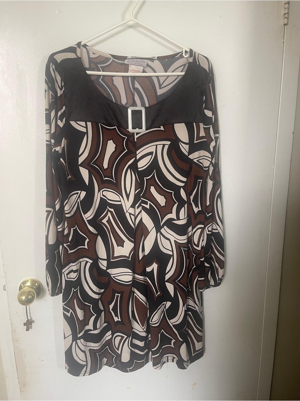Long Sleeve Geometric Print Tunic Dress - Black, Brown & Cream